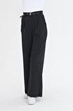 Kemerli Çizgili Poliviskon Pantolon 