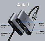 Inca ITPC-06TX Type-C HDMI 4K 30Hz + VGA + USB 3.0 + PD 100W Çoklayıcı | Type-C 3.0 Bağlantılı Cihazlar İçin | Alüminyum Kasa | Tak Çalıştır | Ev, Ofis, Konferans ve Sunum Kullanımı İçin Uygun