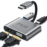 Inca ITPC-06TX Type-C HDMI 4K 30Hz + VGA + USB 3.0 + PD 100W Çoklayıcı | Type-C 3.0 Bağlantılı Cihazlar İçin | Alüminyum Kasa | Tak Çalıştır | Ev, Ofis, Konferans ve Sunum Kullanımı İçin Uygun
