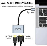 Inca ITPC-06TX Type-C HDMI 4K 30Hz + VGA + USB 3.0 + PD 100W Çoklayıcı | Type-C 3.0 Bağlantılı Cihazlar İçin | Alüminyum Kasa | Tak Çalıştır | Ev, Ofis, Konferans ve Sunum Kullanımı İçin Uygun