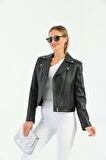 Basics&More Kadın Motorcu Siyah Deri Ceket - WBIKER