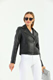 Basics&More Kadın Motorcu Siyah Deri Ceket - WBIKER