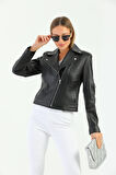Basics&More Kadın Motorcu Siyah Deri Ceket - WBIKER