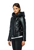 Basics&More Kadın Kapüşonlu Şişme Hakiki Deri Ceket - ELLE