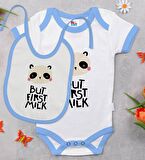 BK Kids But First Milk Tasarımlı Mavi Bebek Body Zıbın ve Mama Önlüğü Hediye Seti-1