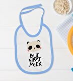 BK Kids But First Milk Tasarımlı Mavi Bebek Body Zıbın ve Mama Önlüğü Hediye Seti-1