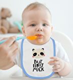 BK Kids But First Milk Tasarımlı Mavi Bebek Body Zıbın ve Mama Önlüğü Hediye Seti-1