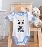 BK Kids But First Milk Tasarımlı Mavi Bebek Body Zıbın ve Mama Önlüğü Hediye Seti-1