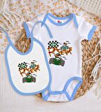 BK Kids Race Time Tasarımlı Mavi Bebek Body Zıbın ve Mama Önlüğü Hediye Seti-1