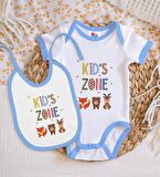 BK Kids Kids Zone Tasarımlı Mavi Bebek Body Zıbın ve Mama Önlüğü Hediye Seti-1