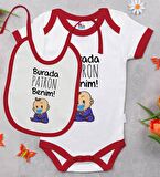 BK Kids Burada Patron Benim Tasarımlı Kırmızı Bebek Body Zıbın ve Mama Önlüğü Hediye Seti-1