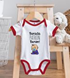 BK Kids Burada Patron Benim Tasarımlı Kırmızı Bebek Body Zıbın ve Mama Önlüğü Hediye Seti-1