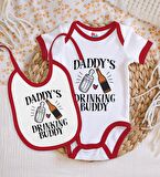 BK Kids Daddy's Drinking Buddy Tasarımlı Kırmızı Bebek Body Zıbın ve Mama Önlüğü Hediye Seti-2