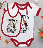 BK Kids Daddy's Drinking Buddy Tasarımlı Kırmızı Bebek Body Zıbın ve Mama Önlüğü Hediye Seti-2