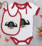 BK Kids Dayım Her Şeyi Halleder Tasarımlı Kırmızı Bebek Body Zıbın ve Mama Önlüğü Hediye Seti-1