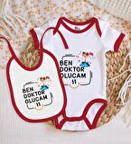 BK Kids Doktor Olucam Tasarımlı Kırmızı Bebek Body Zıbın ve Mama Önlüğü Hediye Seti-1