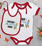 BK Kids Dream Big Little Man Tasarımlı Kırmızı Bebek Body Zıbın ve Mama Önlüğü Hediye Seti-1