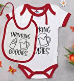 BK Kids Drinking Buddies Tasarımlı Kırmızı Bebek Body Zıbın ve Mama Önlüğü Hediye Seti-1