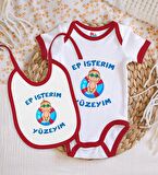 BK Kids Ep İsterim Tasarımlı Kırmızı Bebek Body Zıbın ve Mama Önlüğü Hediye Seti-4