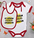 BK Kids Ep İsterim Tasarımlı Kırmızı Bebek Body Zıbın ve Mama Önlüğü Hediye Seti-6