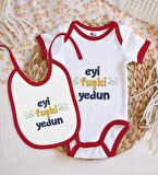 BK Kids Eyi Fuşki Yedun Tasarımlı Kırmızı Bebek Body Zıbın ve Mama Önlüğü Hediye Seti-1
