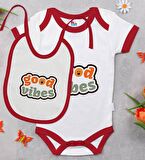 BK Kids Good Vibes Tasarımlı Kırmızı Bebek Body Zıbın ve Mama Önlüğü Hediye Seti-1