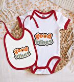 BK Kids Good Vibes Tasarımlı Kırmızı Bebek Body Zıbın ve Mama Önlüğü Hediye Seti-1