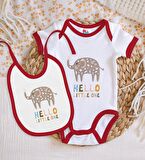 BK Kids Hello Little One Tasarımlı Kırmızı Bebek Body Zıbın ve Mama Önlüğü Hediye Seti-1