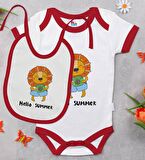 BK Kids Hello Summer Tasarımlı Kırmızı Bebek Body Zıbın ve Mama Önlüğü Hediye Seti-1