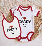 BK Kids İ Love Daddy Tasarımlı Kırmızı Bebek Body Zıbın ve Mama Önlüğü Hediye Seti-1
