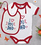 BK Kids I Love You Dad Tasarımlı Kırmızı Bebek Body Zıbın ve Mama Önlüğü Hediye Seti-2
