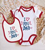 BK Kids I Love You Dad Tasarımlı Kırmızı Bebek Body Zıbın ve Mama Önlüğü Hediye Seti-2