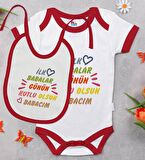 BK Kids İlk Babalar Günü Tasarımlı Kırmızı Bebek Body Zıbın ve Mama Önlüğü Hediye Seti-1