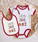 BK Kids Kids Zone Tasarımlı Kırmızı Bebek Body Zıbın ve Mama Önlüğü Hediye Seti-1