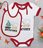 BK Kids Little Adventurer Tasarımlı Kırmızı Bebek Body Zıbın ve Mama Önlüğü Hediye Seti-1