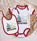 BK Kids Little Adventurer Tasarımlı Kırmızı Bebek Body Zıbın ve Mama Önlüğü Hediye Seti-1