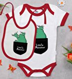 BK Kids Little Monster Tasarımlı Kırmızı Bebek Body Zıbın ve Mama Önlüğü Hediye Seti-1