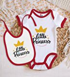 BK Kids Little Princess Tasarımlı Kırmızı Bebek Body Zıbın ve Mama Önlüğü Hediye Seti-1