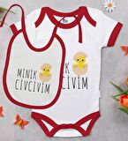 BK Kids Minik Civcivim Tasarımlı Kırmızı Bebek Body Zıbın ve Mama Önlüğü Hediye Seti-1