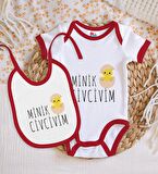 BK Kids Minik Civcivim Tasarımlı Kırmızı Bebek Body Zıbın ve Mama Önlüğü Hediye Seti-1