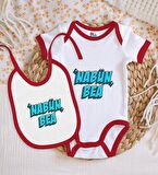 BK Kids Nabüün Bea Tasarımlı Kırmızı Bebek Body Zıbın ve Mama Önlüğü Hediye Seti-1