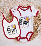 BK Kids Öğretmen Olucam Tasarımlı Kırmızı Bebek Body Zıbın ve Mama Önlüğü Hediye Seti-1