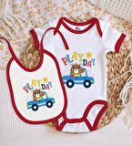 BK Kids Play Day Tasarımlı Kırmızı Bebek Body Zıbın ve Mama Önlüğü Hediye Seti-1