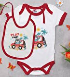 BK Kids Play Time Tasarımlı Kırmızı Bebek Body Zıbın ve Mama Önlüğü Hediye Seti-1
