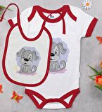 BK Kids Sevimli Köpek Tasarımlı Kırmızı Bebek Body Zıbın ve Mama Önlüğü Hediye Seti-1