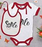BK Kids Smile Tasarımlı Kırmızı Bebek Body Zıbın ve Mama Önlüğü Hediye Seti-2