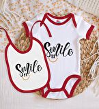 BK Kids Smile Tasarımlı Kırmızı Bebek Body Zıbın ve Mama Önlüğü Hediye Seti-2