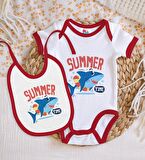 BK Kids Summer Time Tasarımlı Kırmızı Bebek Body Zıbın ve Mama Önlüğü Hediye Seti-2
