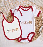 BK Kids Teyzem Tasarımlı Kırmızı Bebek Body Zıbın ve Mama Önlüğü Hediye Seti-1