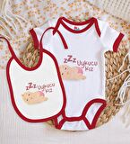 BK Kids Uykucu Kız Tasarımlı Kırmızı Bebek Body Zıbın ve Mama Önlüğü Hediye Seti-1